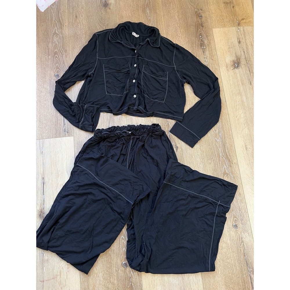 Intimately Free People Black Pajama Set Cropped Top Wide Leg Pants XS